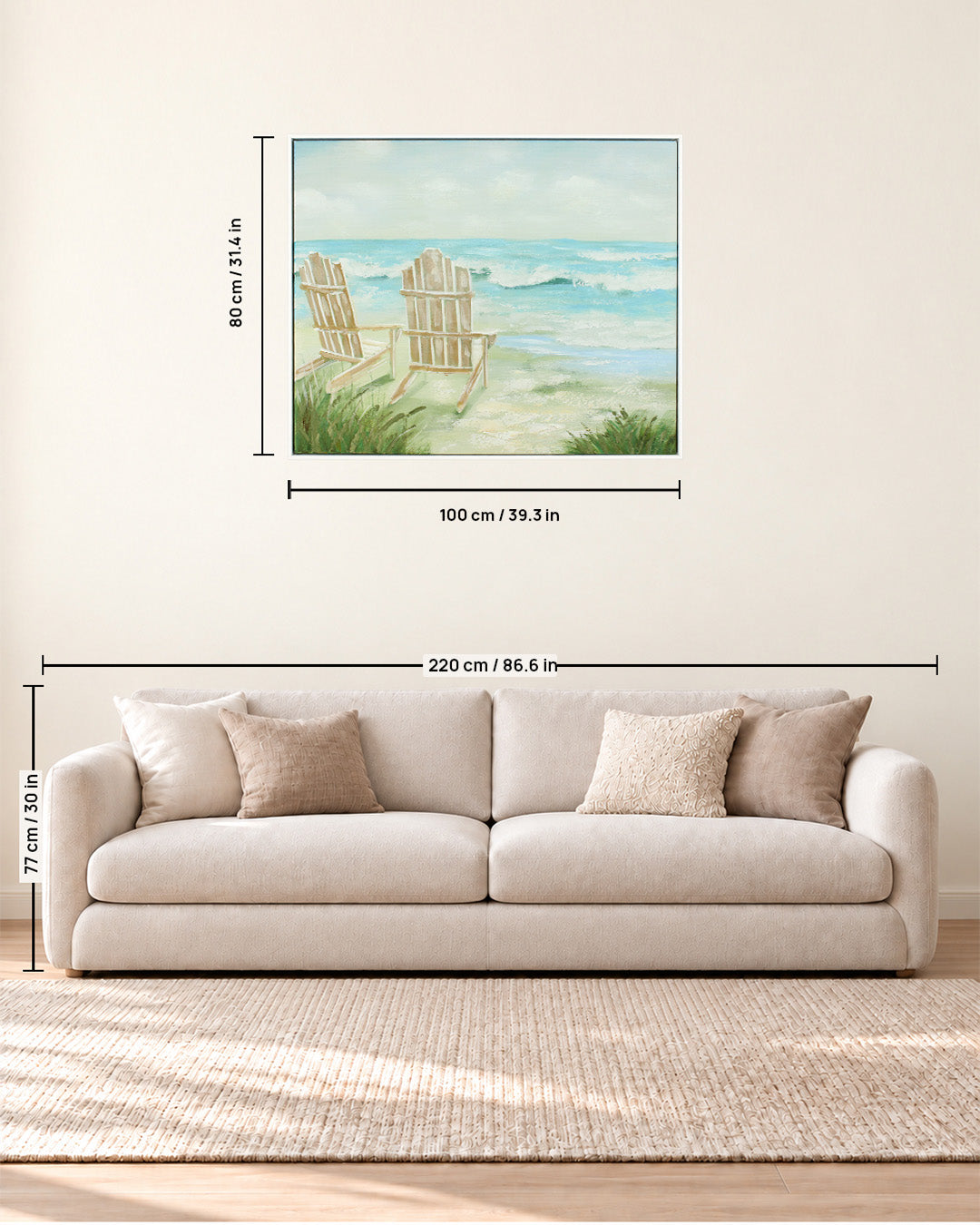 The View We Kept beach house wall art size guide above a sofa