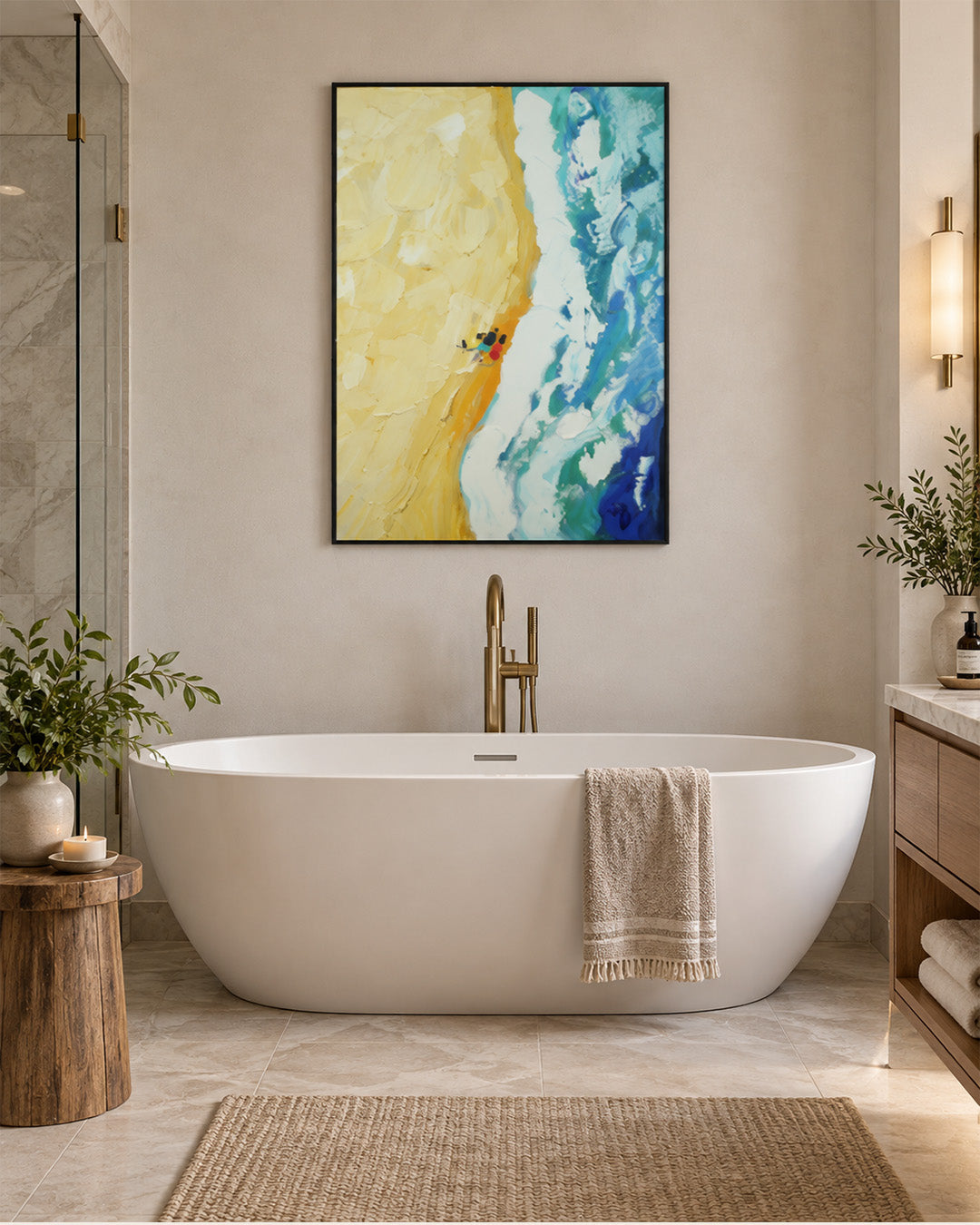 The Walk aerial beach painting in a bathroom