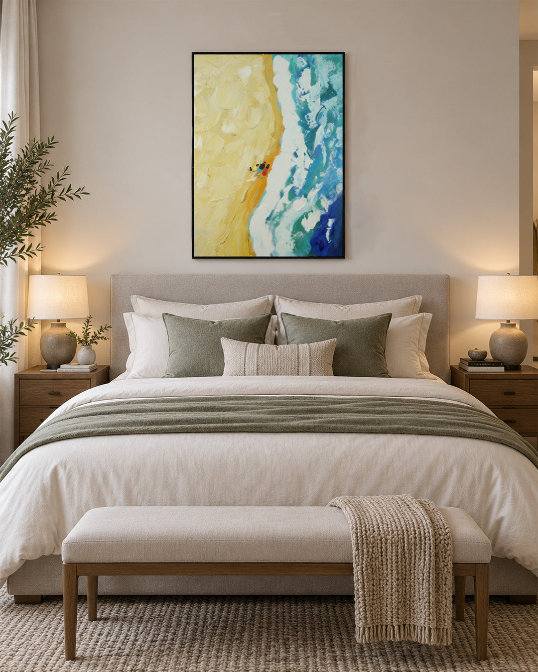 The Walk aerial beach painting above a bed in a bedroom