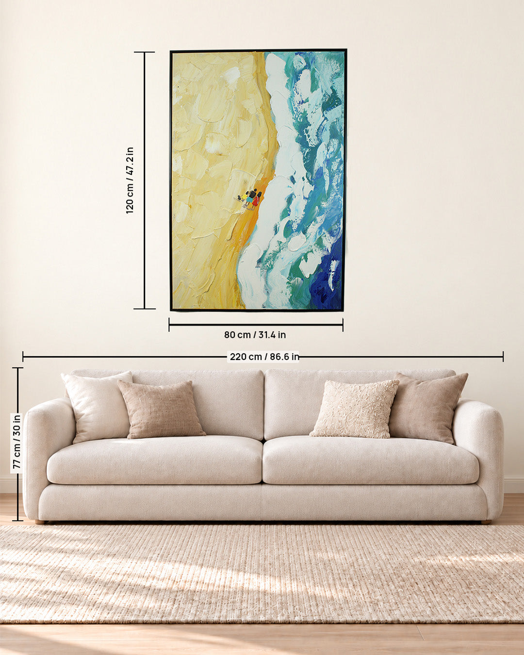 The Walk aerial beach painting size guide above a sofa