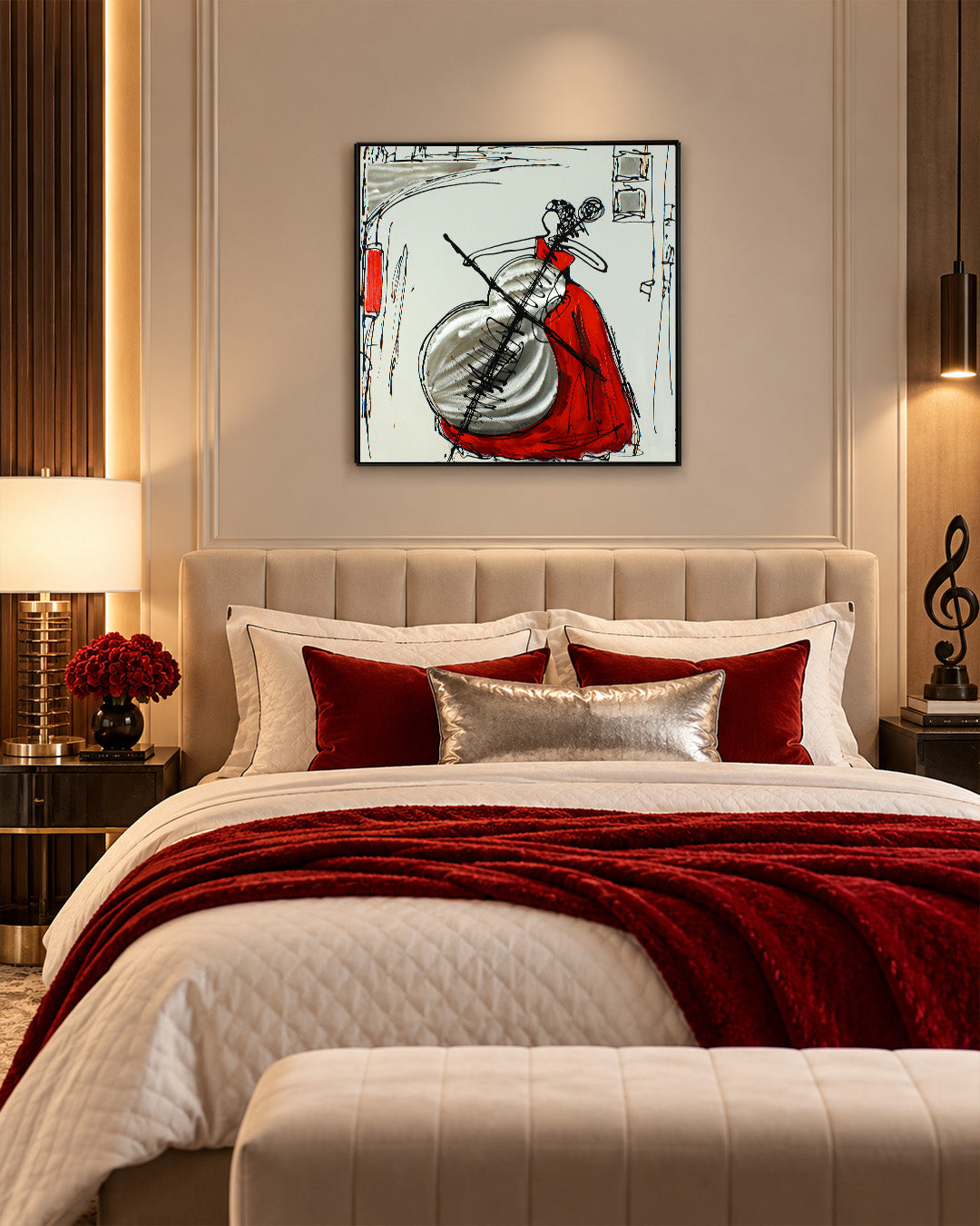 The Weight of Sound cello wood and metal wall art above a bed in a bedroom