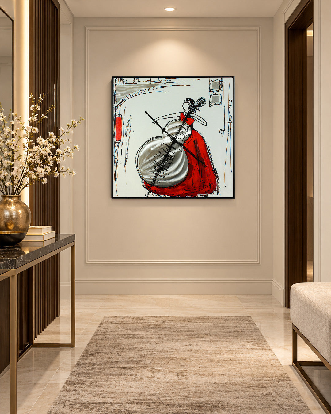 The Weight of Sound cello wood and metal wall art in a hallway