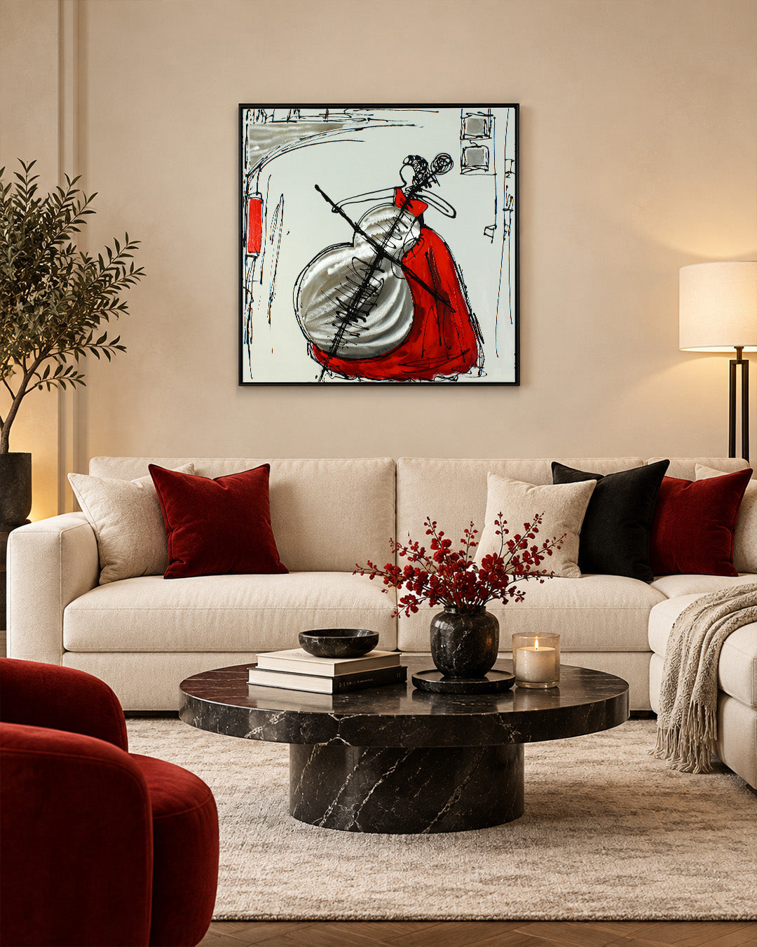 The Weight of Sound cello wood and metal wall art in a living room above a sofa