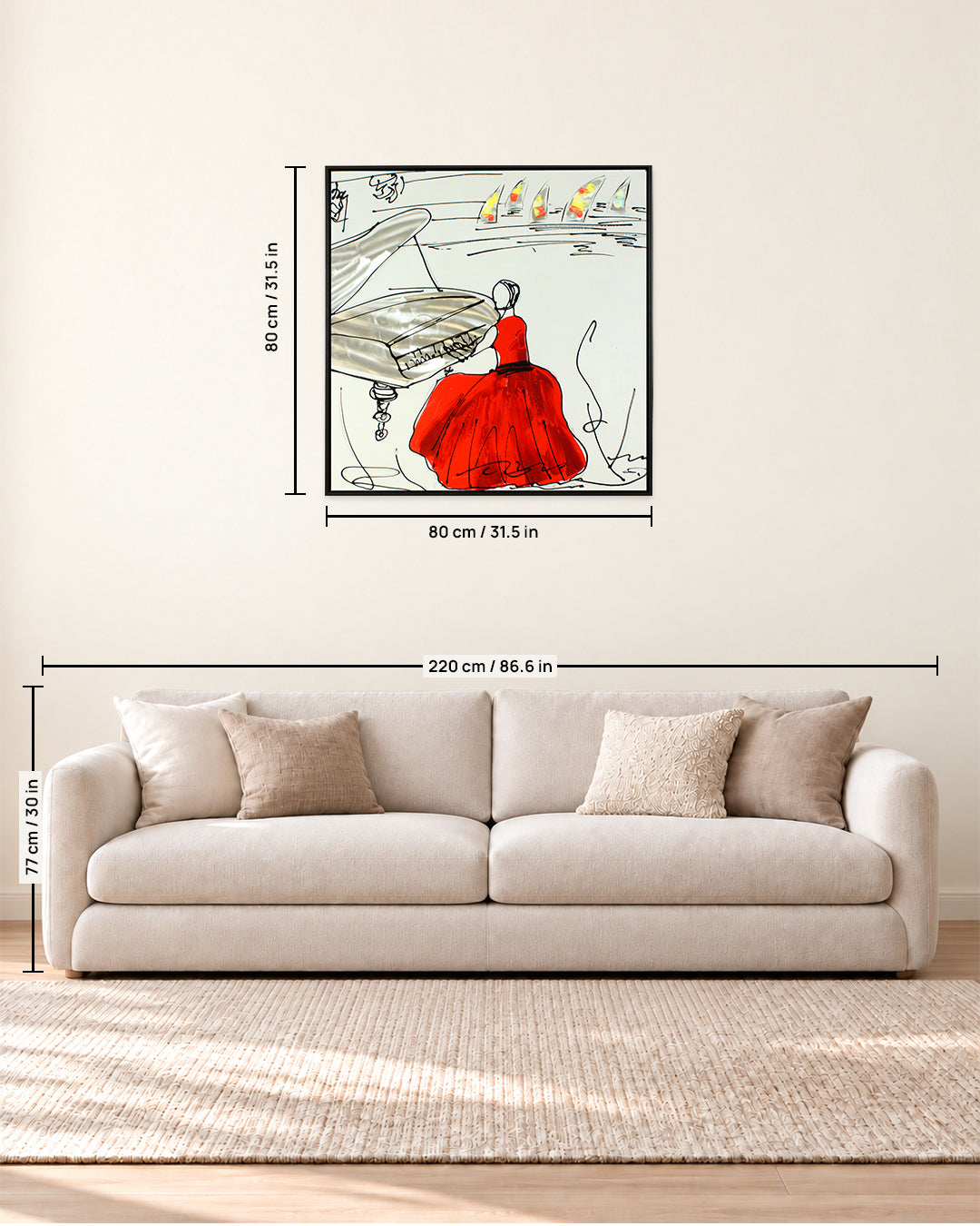 The Weight of Sound cello wood and metal wall art size guide above a sofa