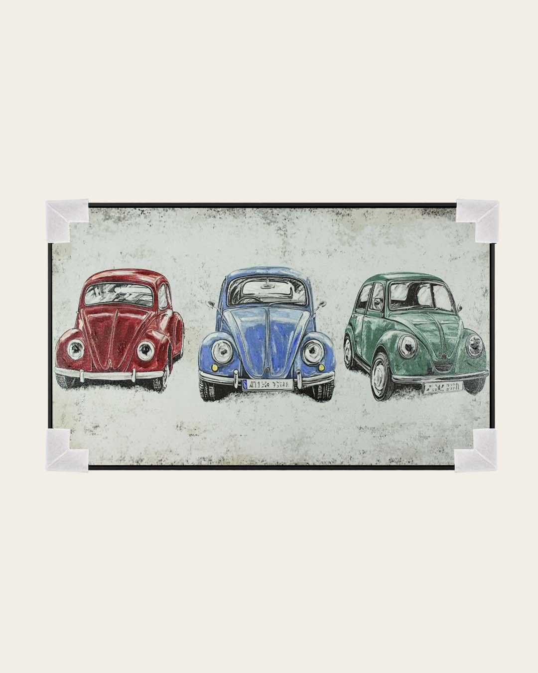 Three of a Kind classic car wall art with corner protectors for delivery