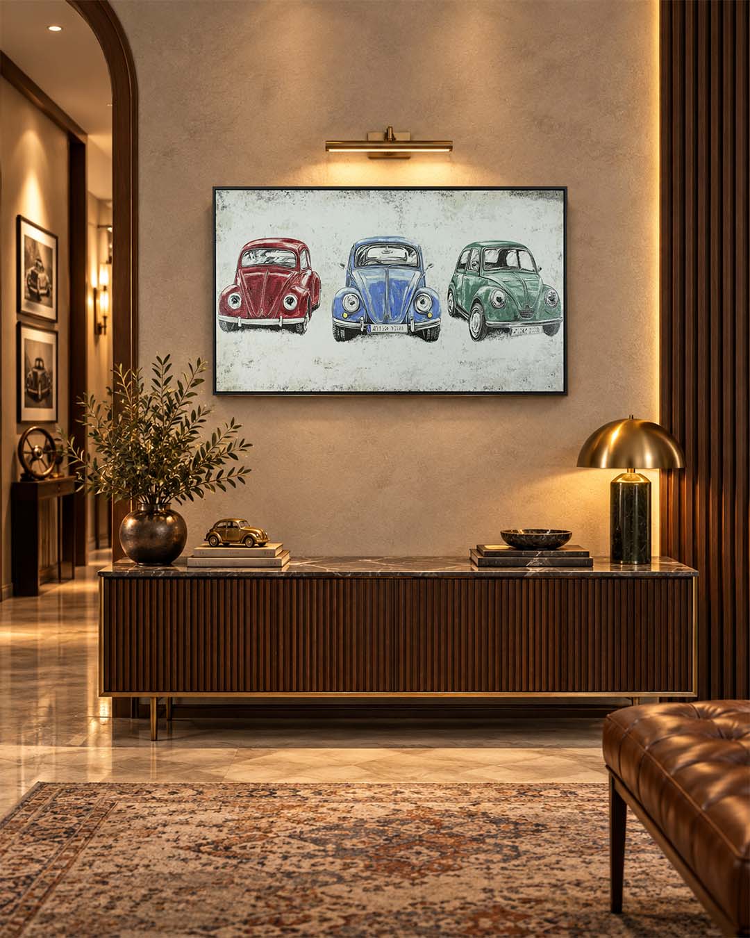 Three of a Kind classic car wall art on a hallway wall above a sideboard