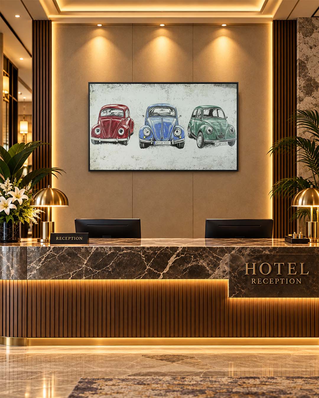 Three of a Kind classic car wall art in a hotel reception