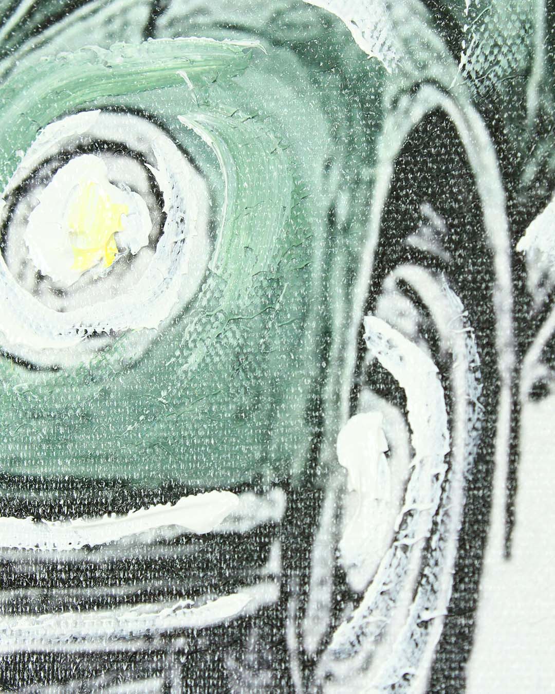Three of a Kind classic car wall art close-up of the hand-embellished green car