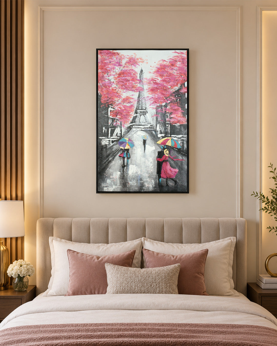Toward the Tower paris cityscape wall art above a bed in a bedroom