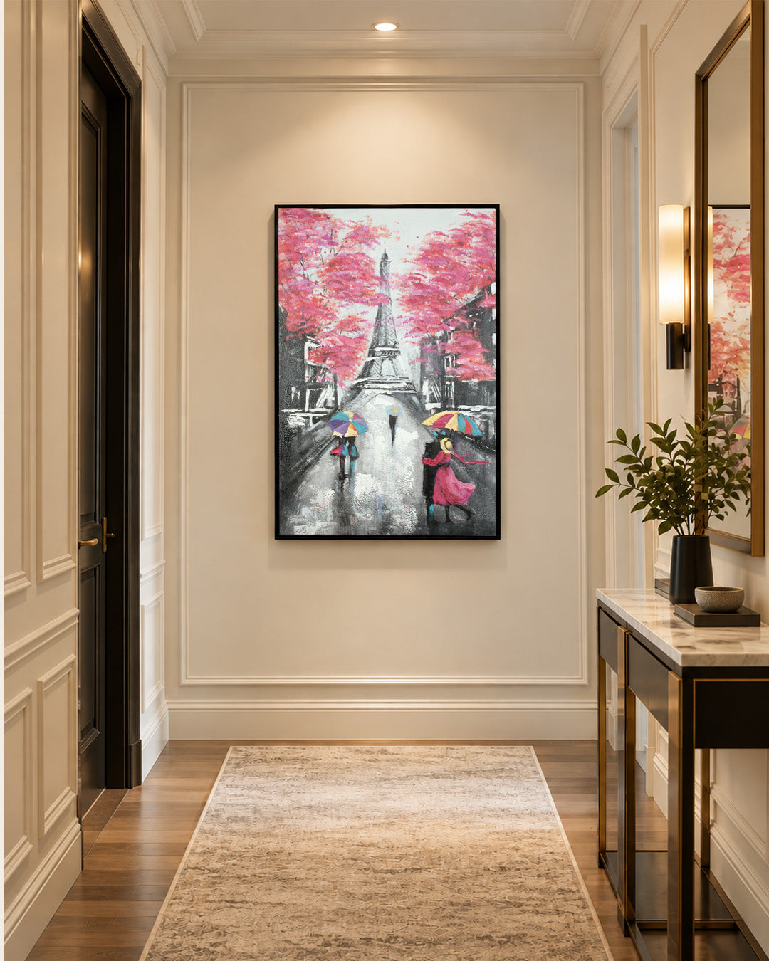 Toward the Tower paris cityscape wall art above a console table in a hallway