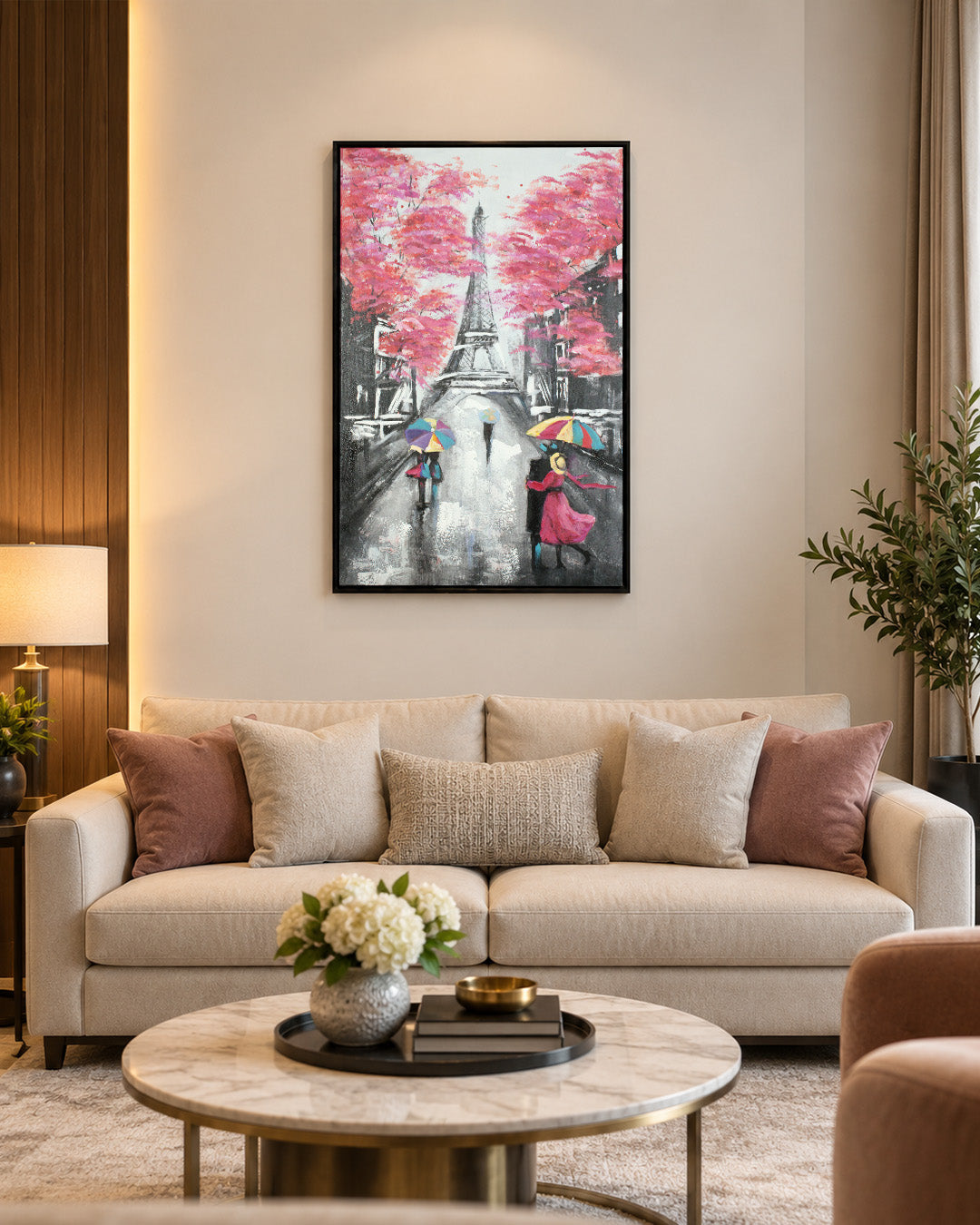 Toward the Tower paris cityscape wall art above a sofa in a living room