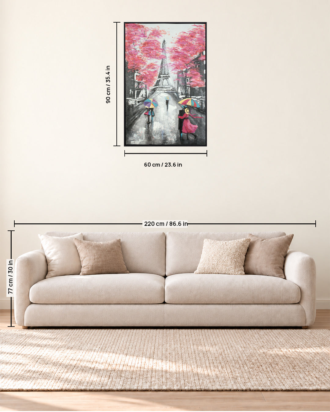 Toward the Tower paris cityscape wall art size guide above a sofa