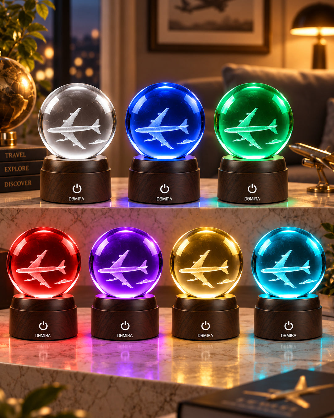 Chasing Horizons crystal globe shown in seven LED colours