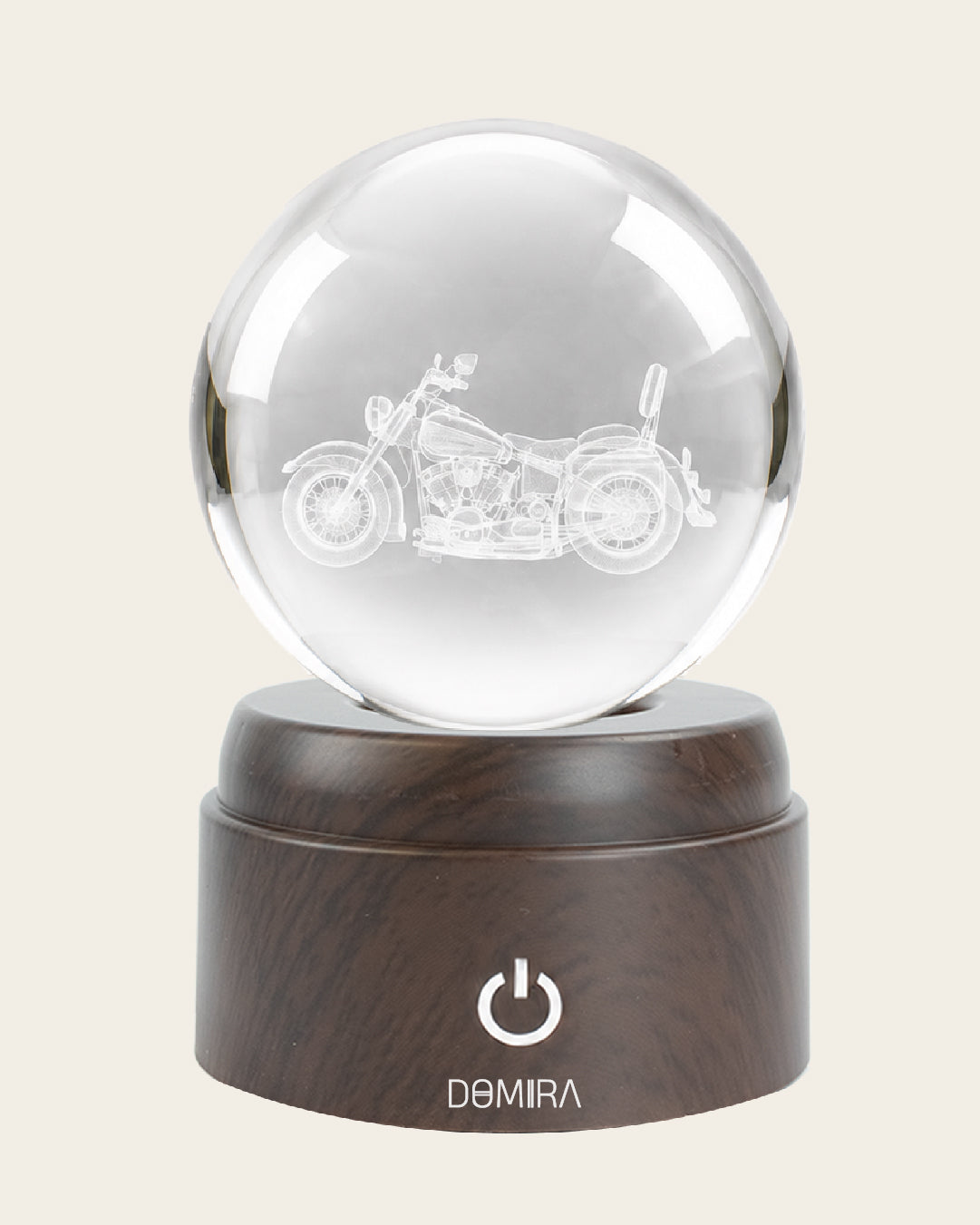 Freedom Ride crystal globe front view on its rotating LED base