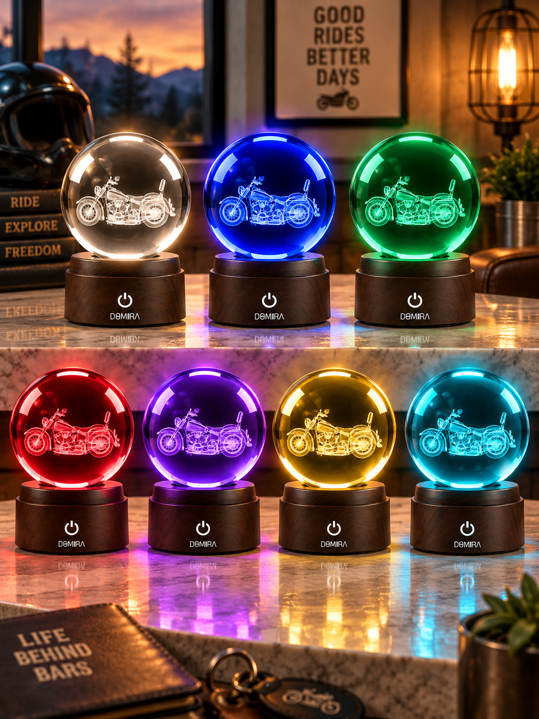 Freedom Ride crystal globe shown in seven LED colours