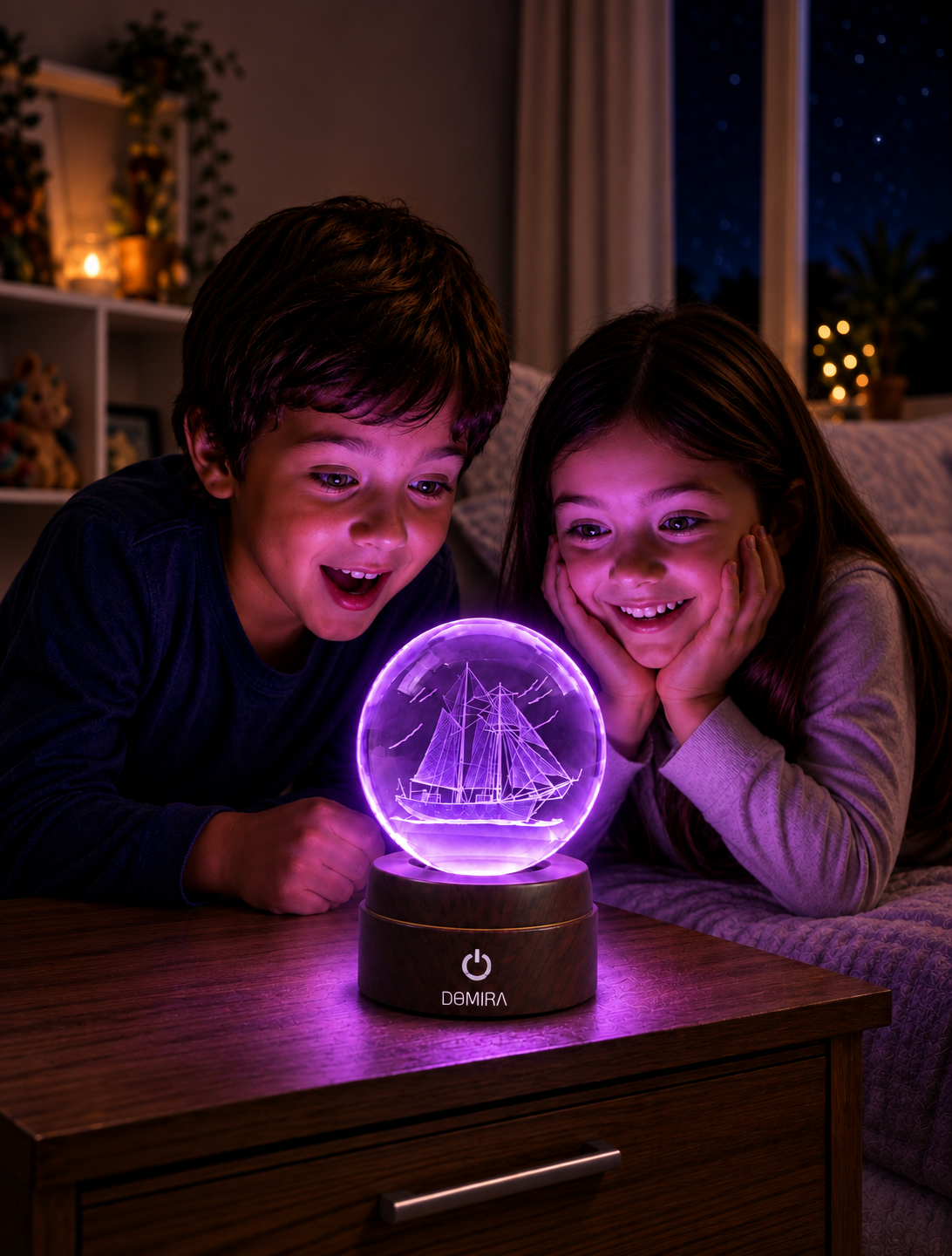 Two children admiring the Ocean Wanderer crystal globe