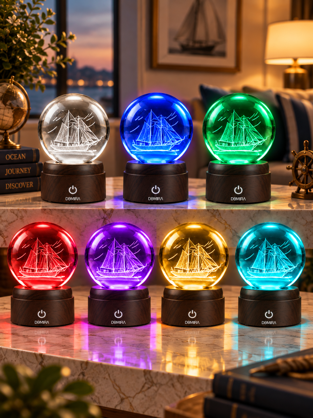 Ocean Wanderer crystal globe shown in seven LED colours