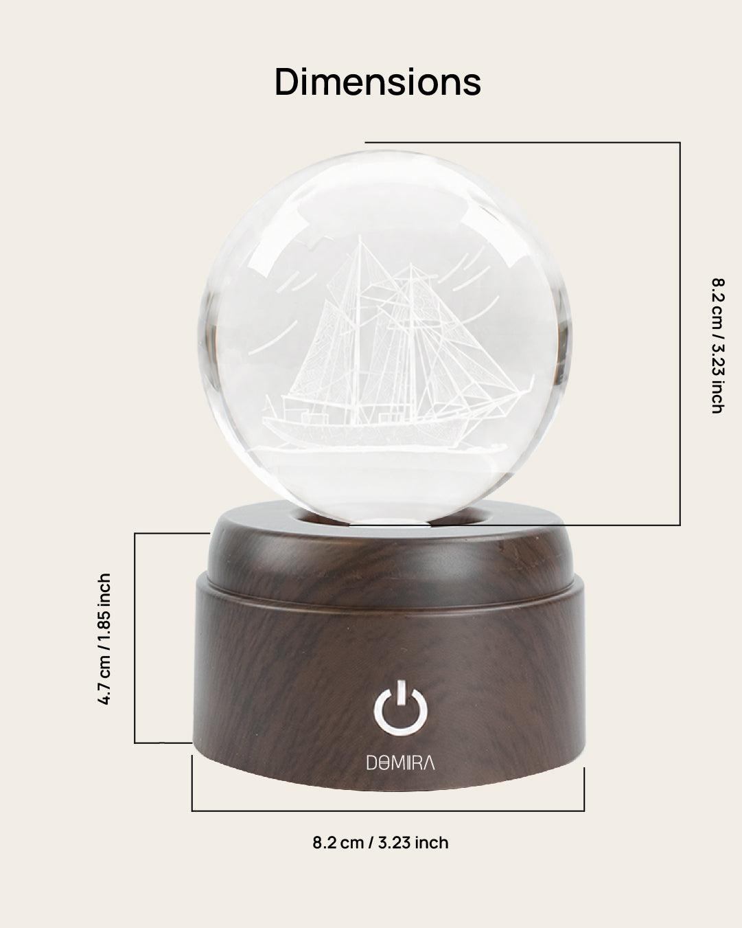 Ocean Wanderer crystal globe dimensions: 8.2 cm globe on an 8.2 cm wide, 4.7 cm high base