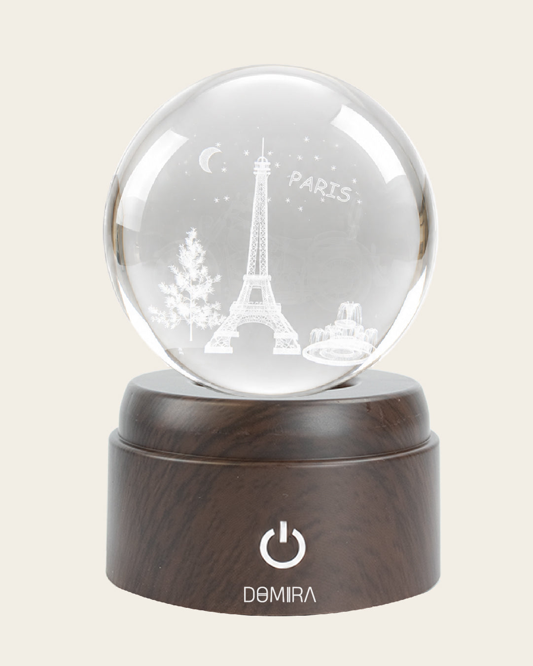 Paris Forever crystal globe front view on its rotating LED base