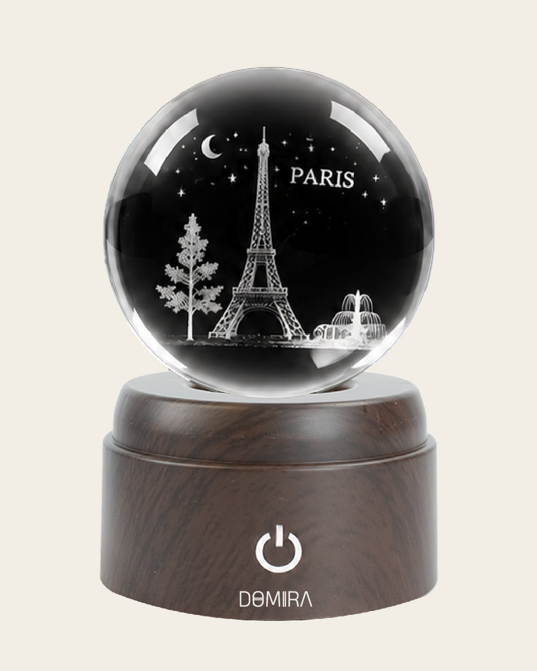 Paris Forever crystal globe close-up of the 3D engraved design