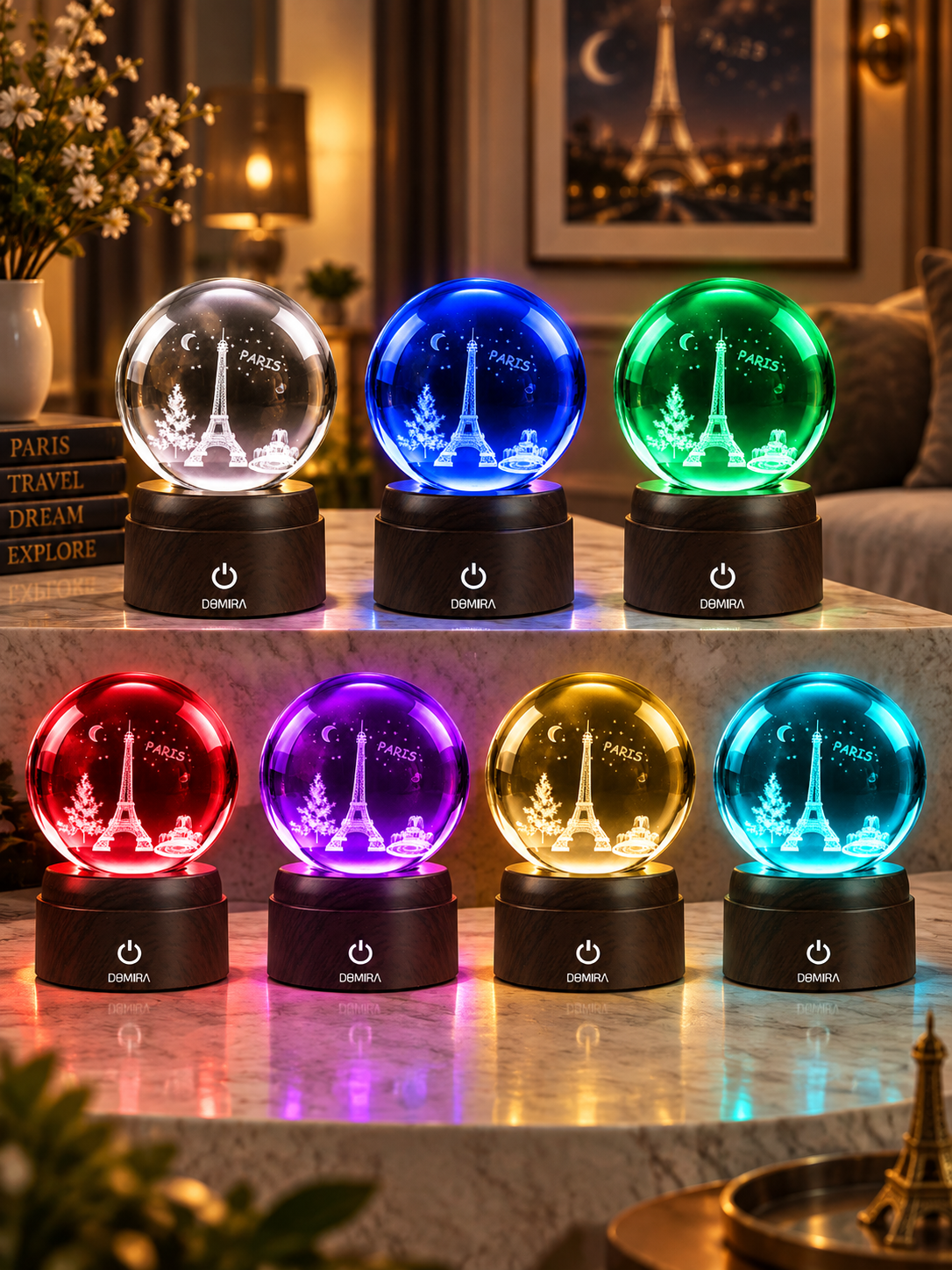 Paris Forever crystal globe shown in seven LED colours