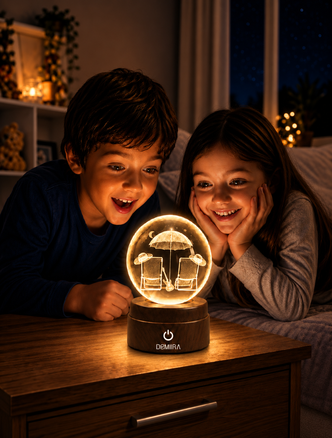 Two children admiring the Seaside Escape crystal globe