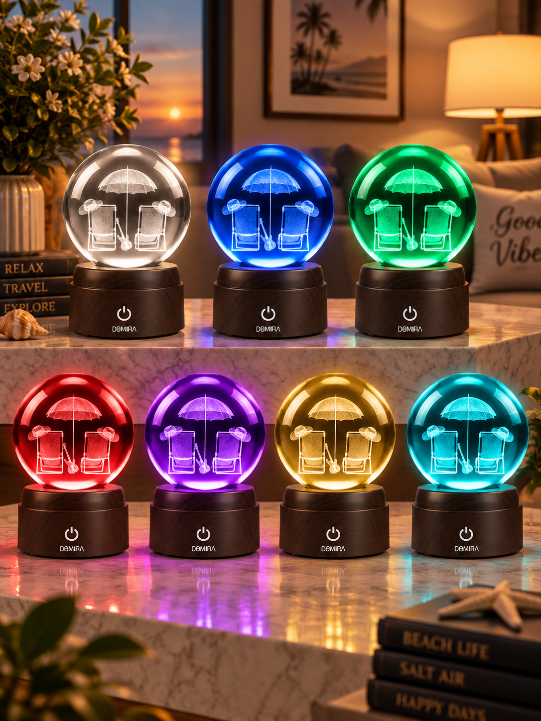 Seaside Escape crystal globe shown in seven LED colours