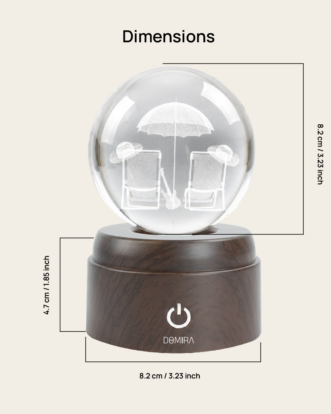 Seaside Escape crystal globe dimensions: 8.2 cm globe on an 8.2 cm wide, 4.7 cm high base