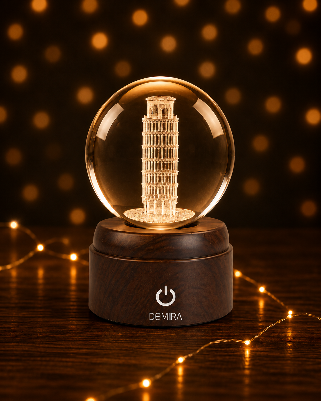 The Leaning Wonder crystal globe glowing warm amber