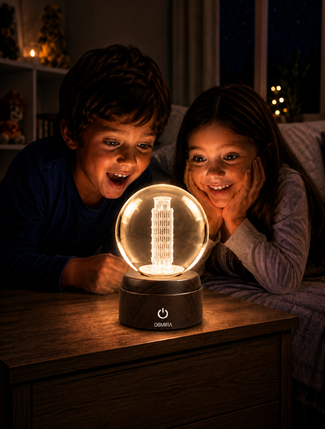Two children admiring the The Leaning Wonder crystal globe