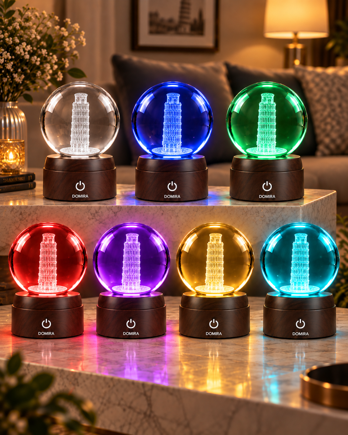 The Leaning Wonder crystal globe shown in seven LED colours