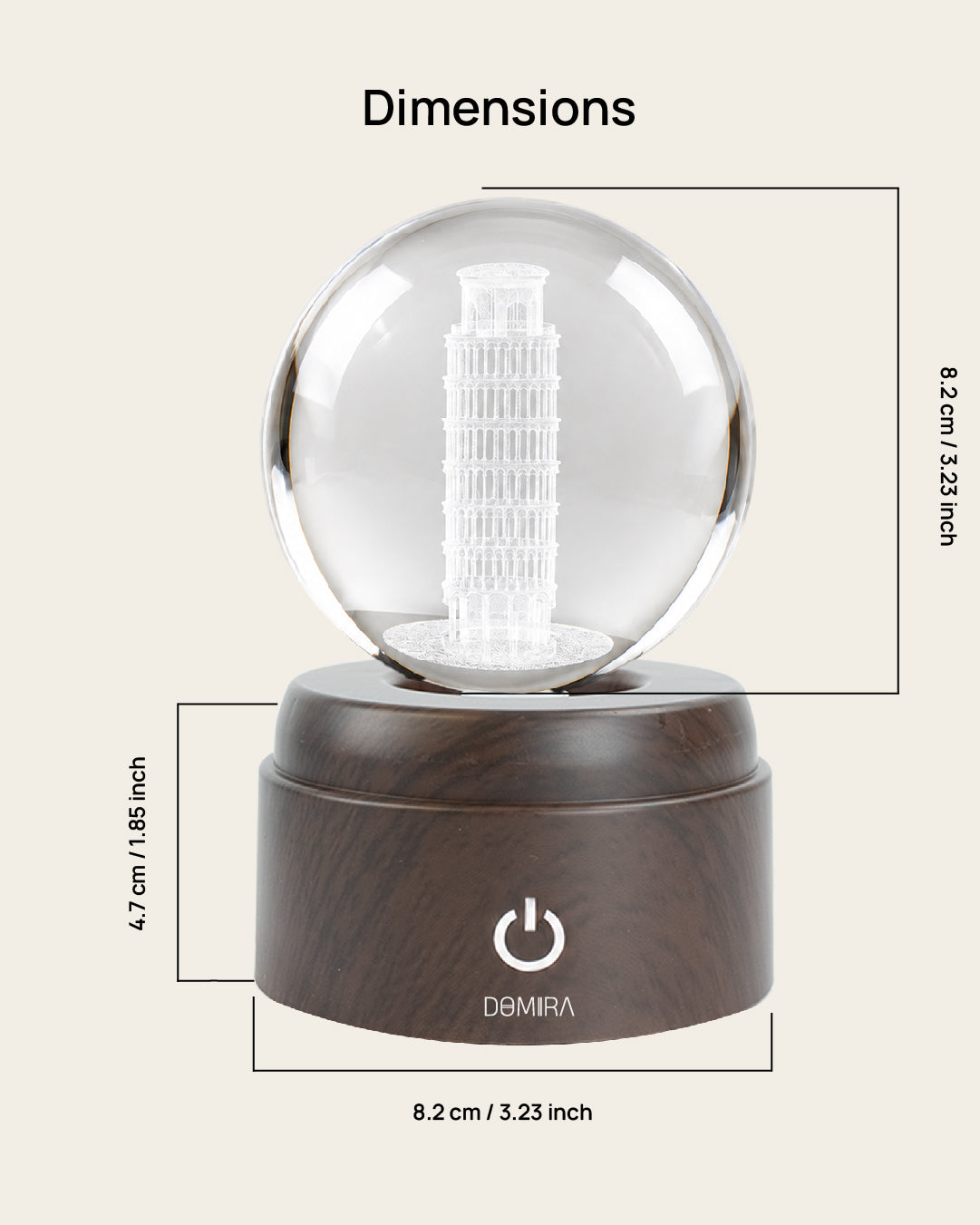 The Leaning Wonder crystal globe dimensions: 8.2 cm globe on an 8.2 cm wide, 4.7 cm high base