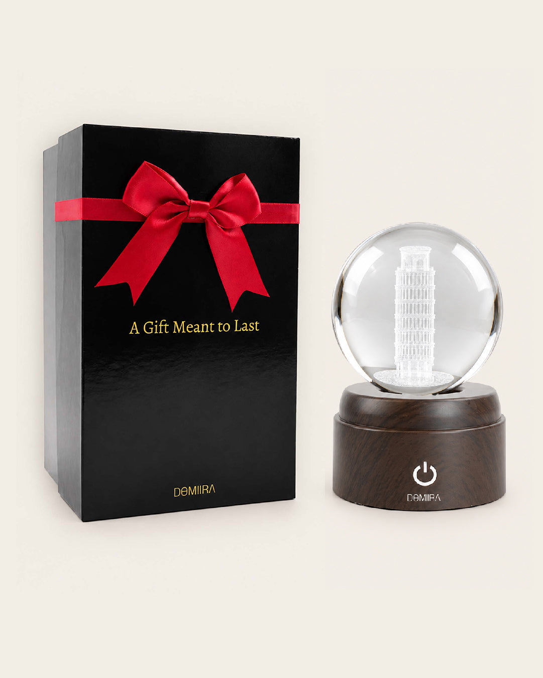 The Leaning Wonder crystal globe with its gift box