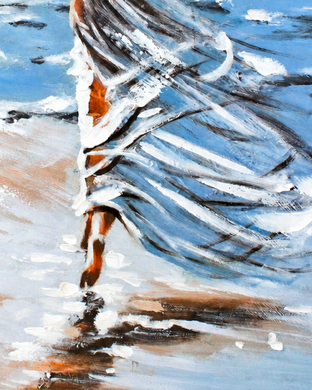 Untethered woman by the sea painting close-up of the brushwork