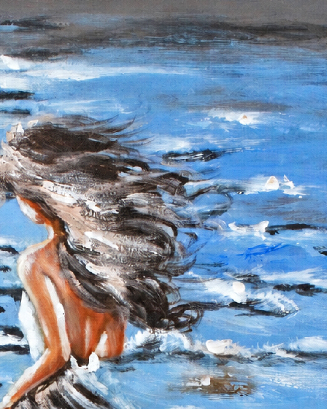 Untethered woman by the sea painting close-up of the textured paint