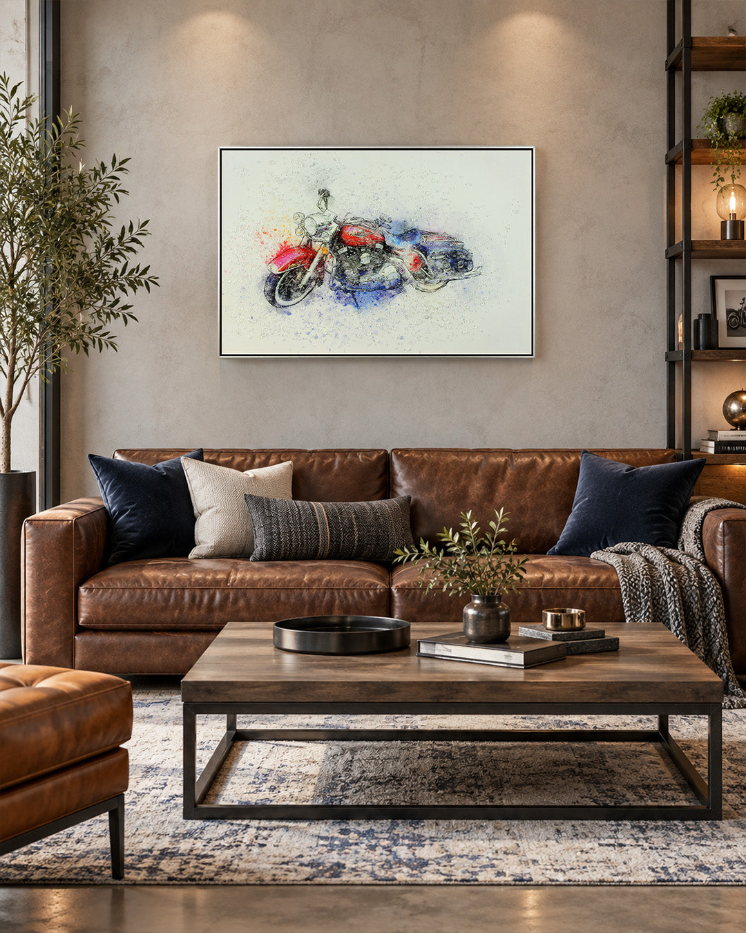 Unwritten Roads motorcycle resin wall art above a leather sofa in a living room