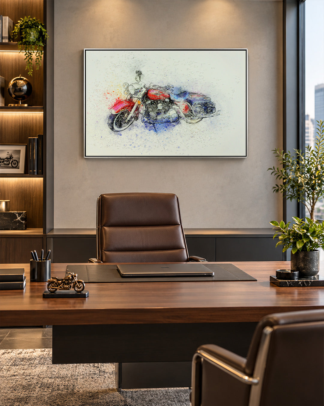 Unwritten Roads motorcycle resin wall art in a home office above a desk