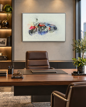 Unwritten Roads motorcycle resin wall art in a home office above a desk