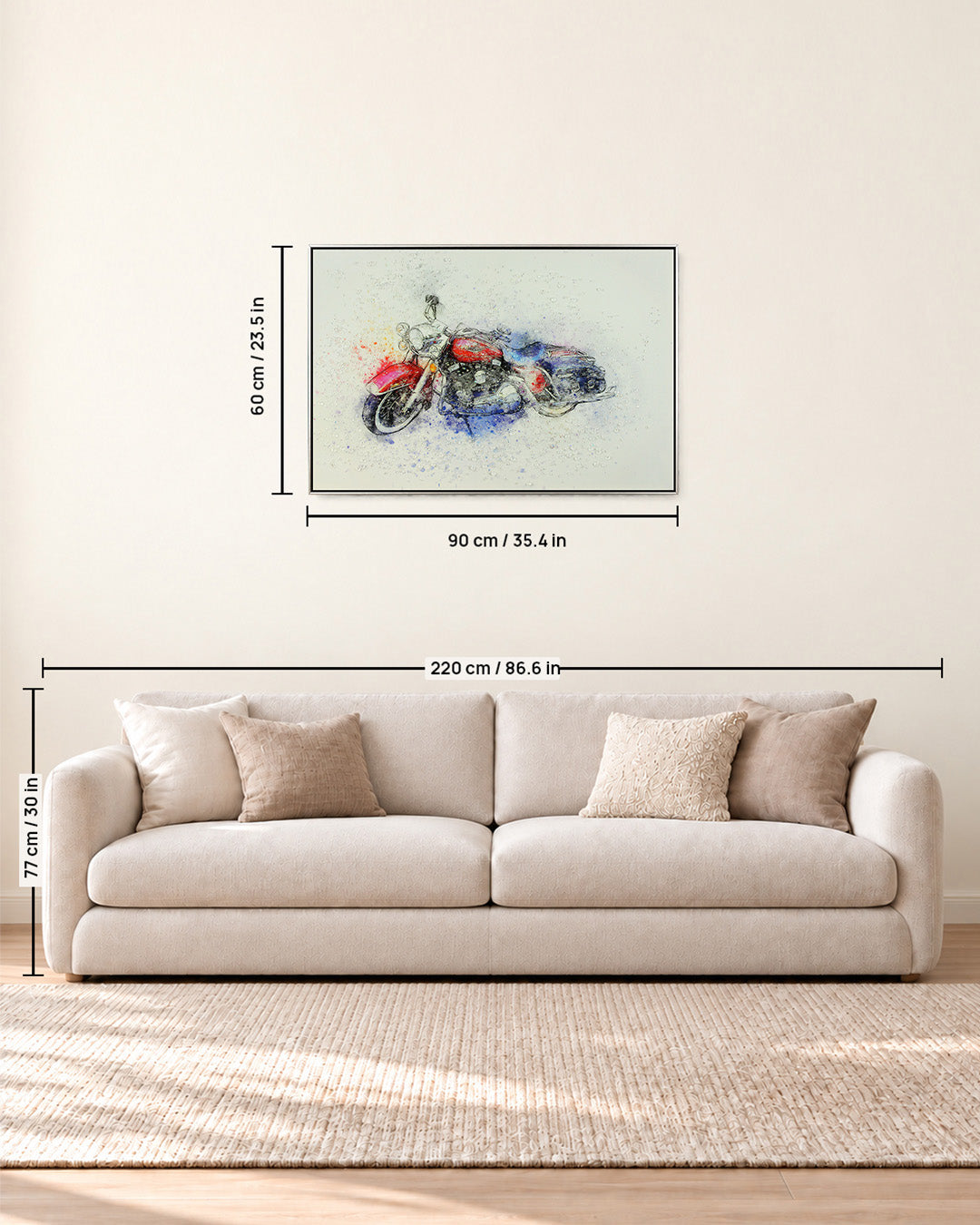 Unwritten Roads motorcycle resin wall art size guide above a sofa