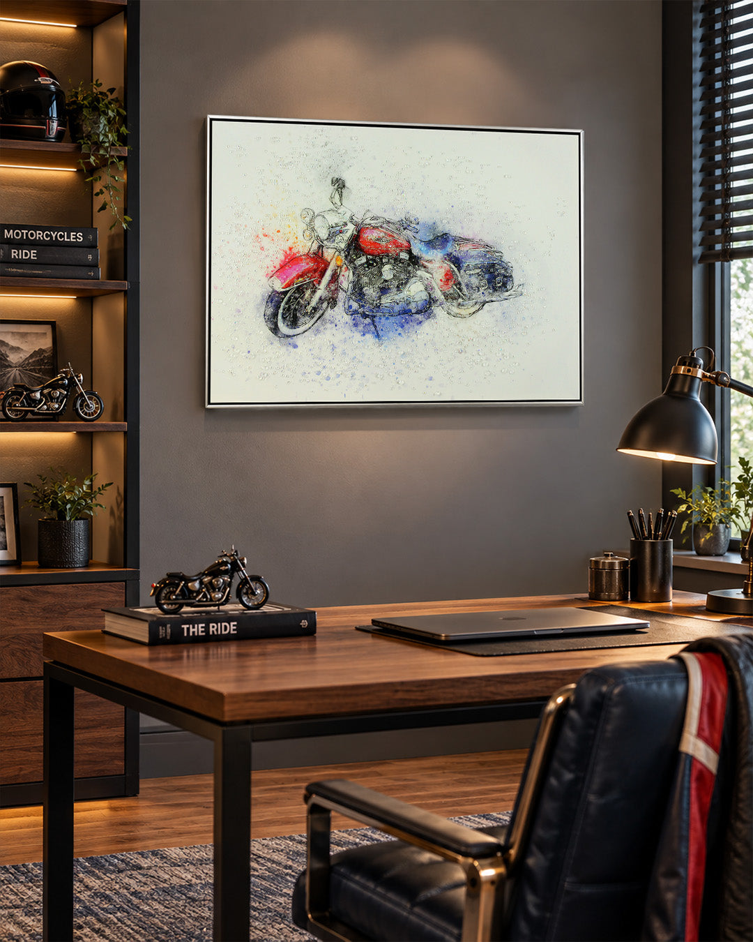 Unwritten Roads motorcycle resin wall art in a study above a desk