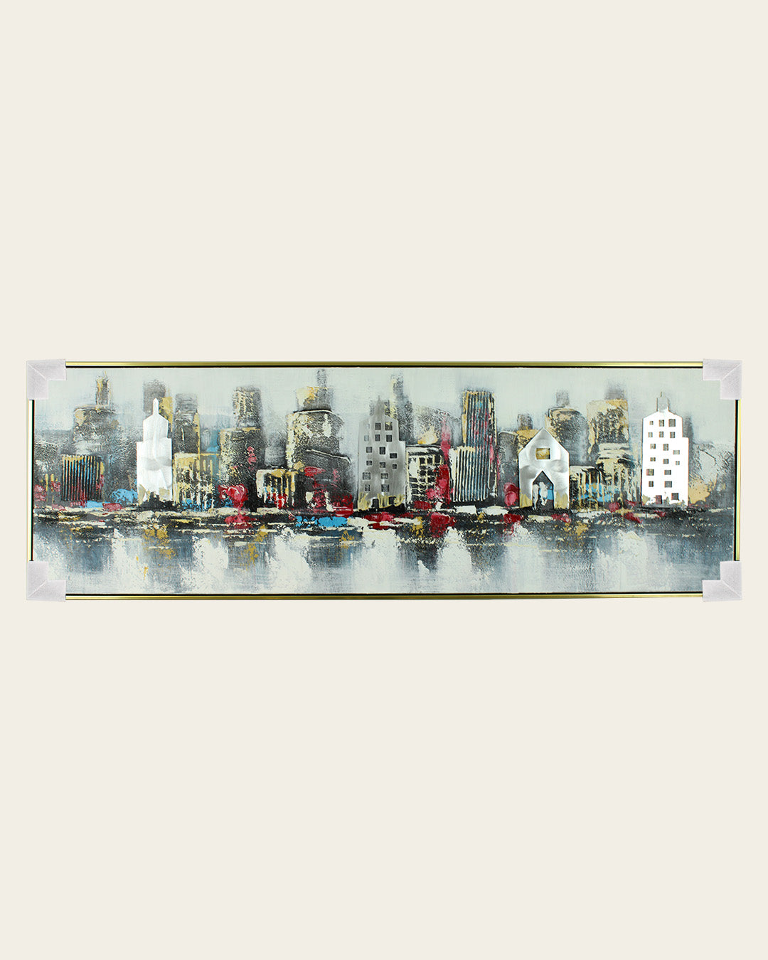 Urban Mirage panoramic skyline wood and metal wall art with corner protectors for delivery