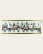 Urban Mirage panoramic skyline wood and metal wall art front view in a gold and black frame