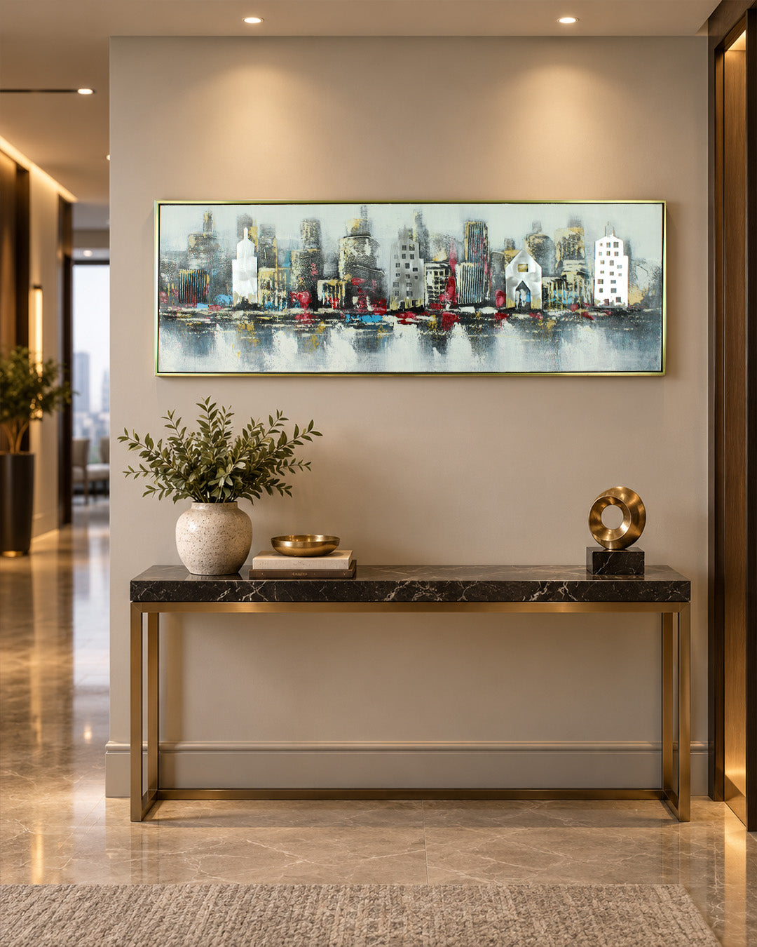 Urban Mirage panoramic skyline wood and metal wall art in a hallway above a console