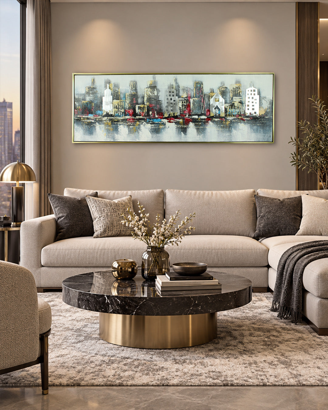 Urban Mirage panoramic skyline wood and metal wall art in a living room above a sofa