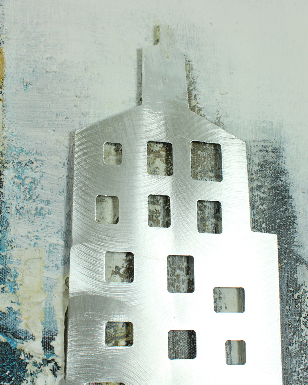 Urban Mirage panoramic skyline wood and metal wall art close-up of the metal building
