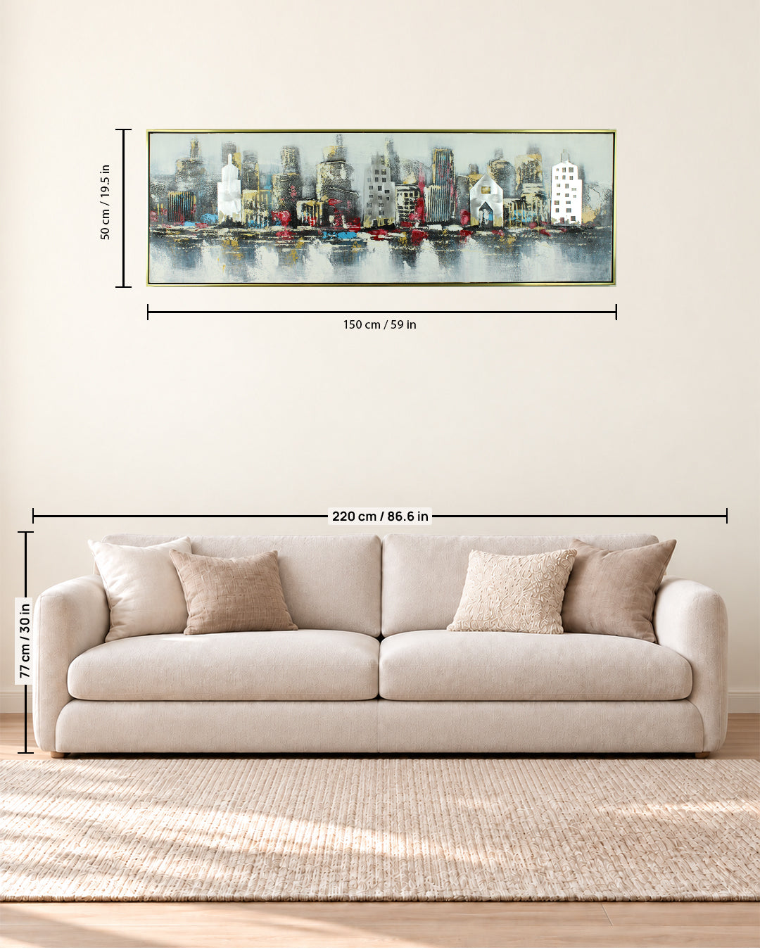 Urban Mirage panoramic skyline wood and metal wall art size guide above a sofa