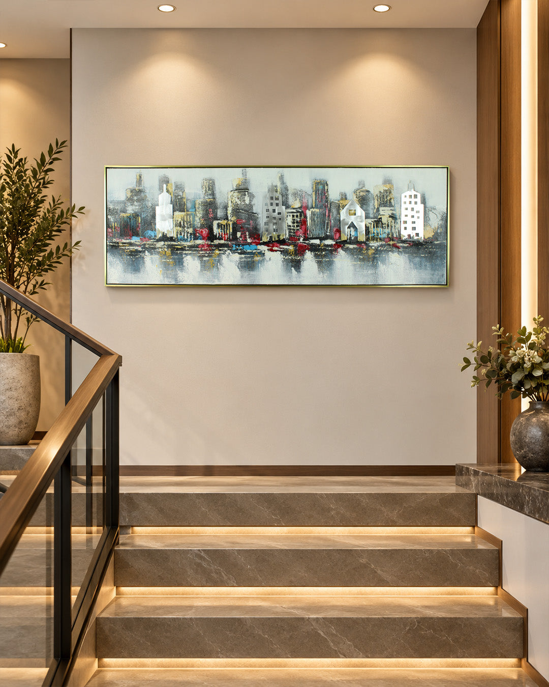 Urban Mirage panoramic skyline wood and metal wall art above a staircase