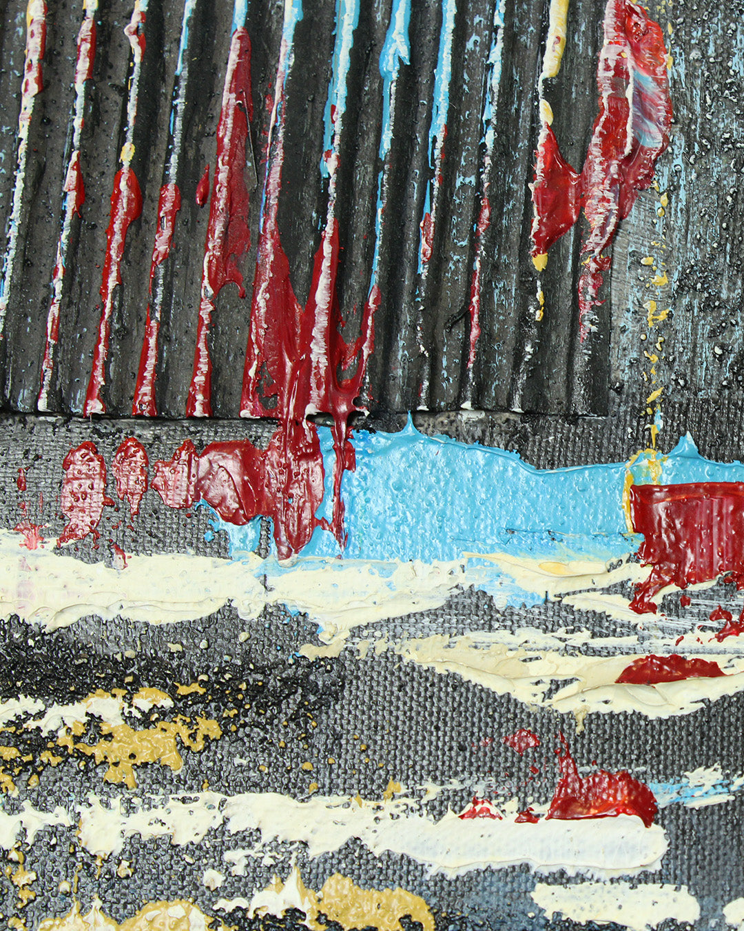 Urban Mirage panoramic skyline wood and metal wall art close-up of the textured paint