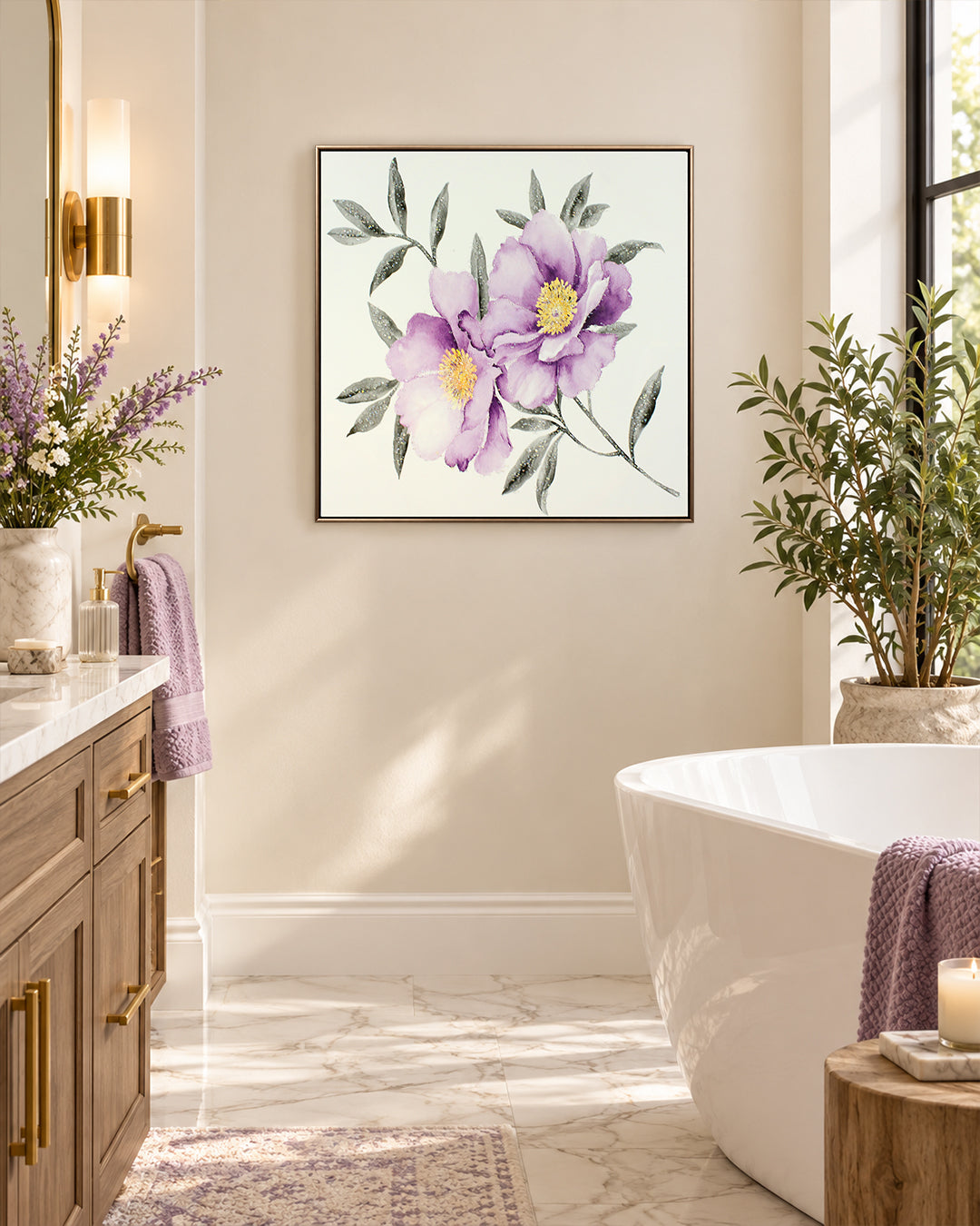 Velvet Bloom purple floral resin canvas art in a bathroom beside a freestanding bath