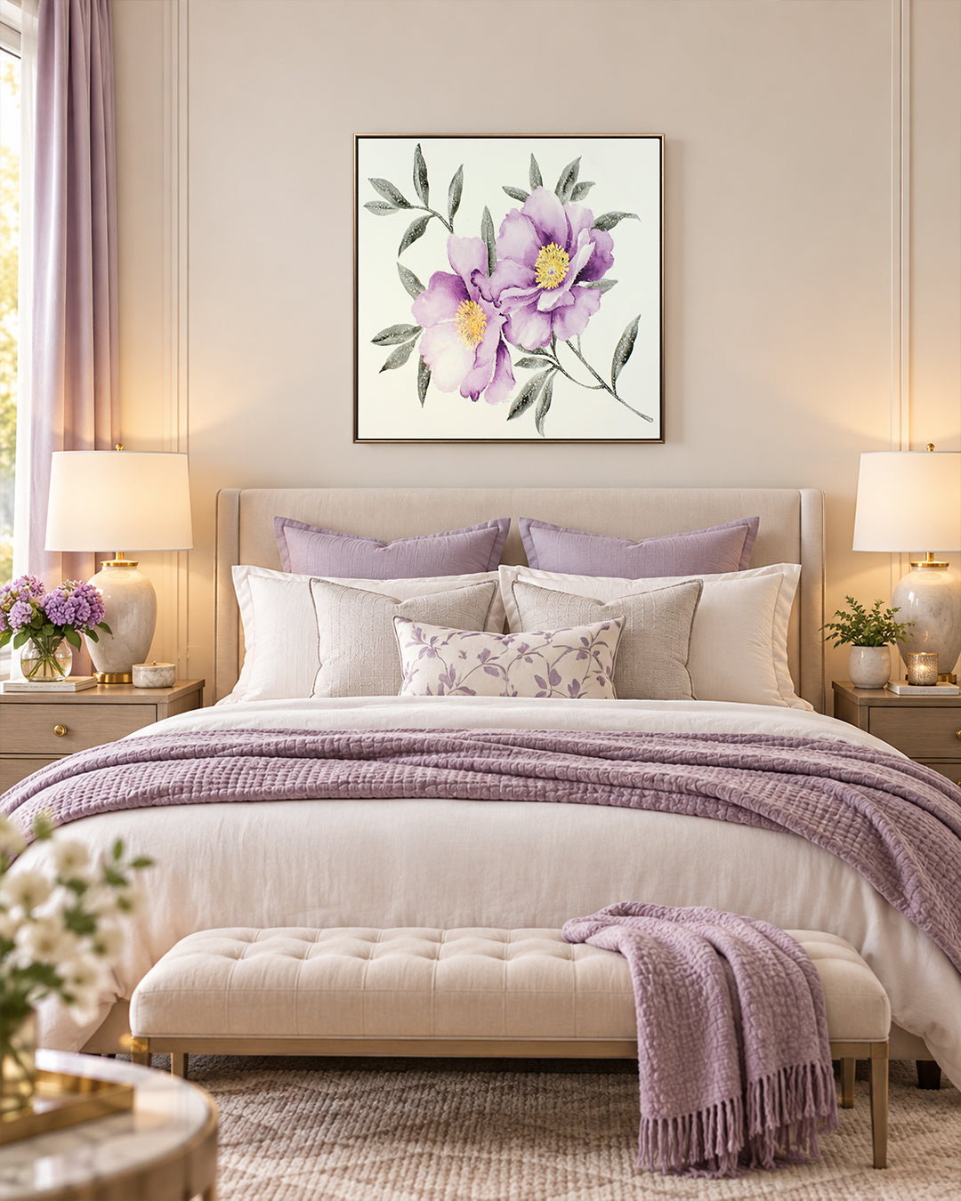 Velvet Bloom purple floral resin canvas art above a bed in a bedroom